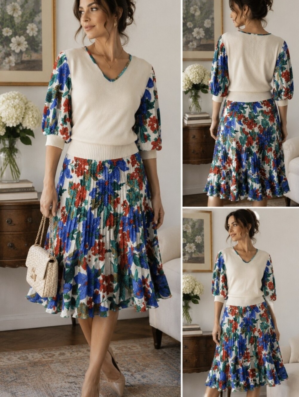 VTG Floral Two-Piece Pleated Skirt & Knit Top Puffy Sleeves Old Money Prairie